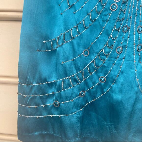 Nanette Lepore Darjeeling Teal Bronze Beaded Embellished Boho Silk Dress Size 12 - Picture 7 of 15